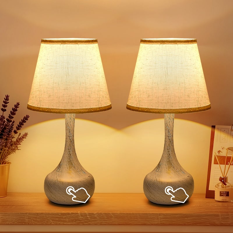 Touch Bedside Lamp Set of 2, Farmhouse 3-Way Dimmable Table Lamps for Nightstand with Fabric Shade (including LED bulbs) - White+Gold