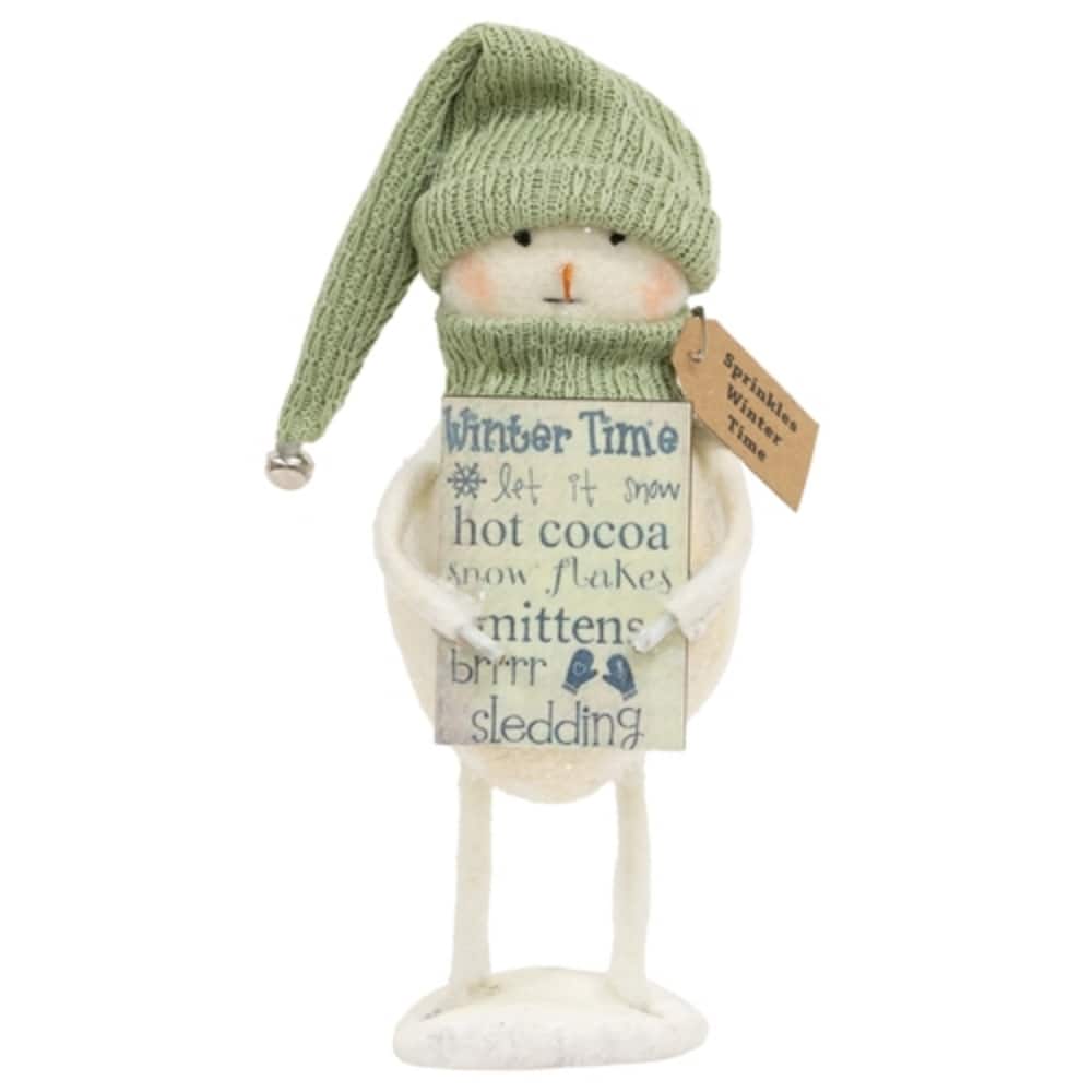 Festive Winter Snowman Figurine with Glitter Accents and Green Hat Decoration - 8" H x 3" W x 3" D