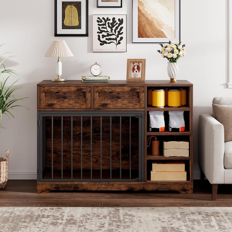 47" Dog Crate, Dog Kennel with 2 Drawers and 4 Shelves for Medium Large Dogs - Brown