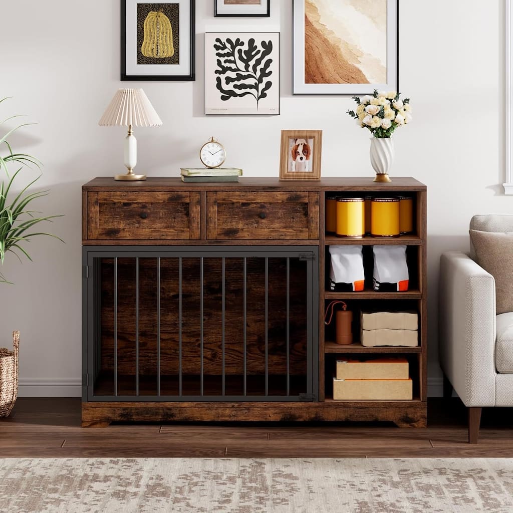 47" Dog Crate, Dog Kennel with 2 Drawers and 4 Shelves for Medium Large Dogs