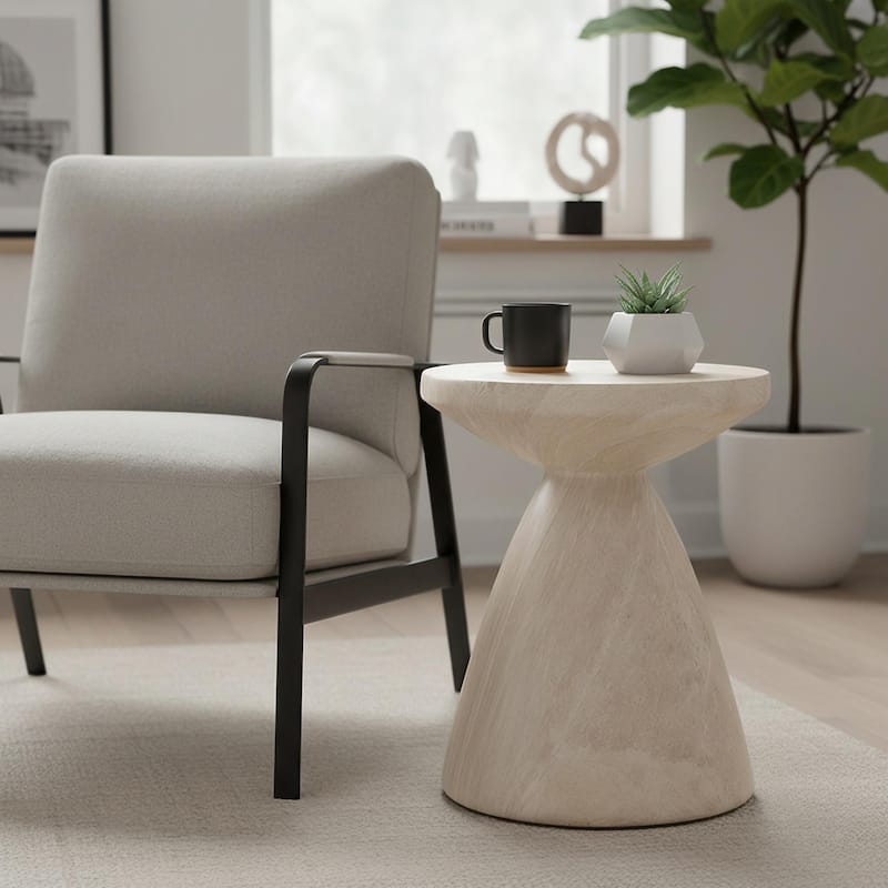 Dune Modern Round Fiberstone Side Table Indoor Outdoor Accent Table Pedestal Base Compact End Table