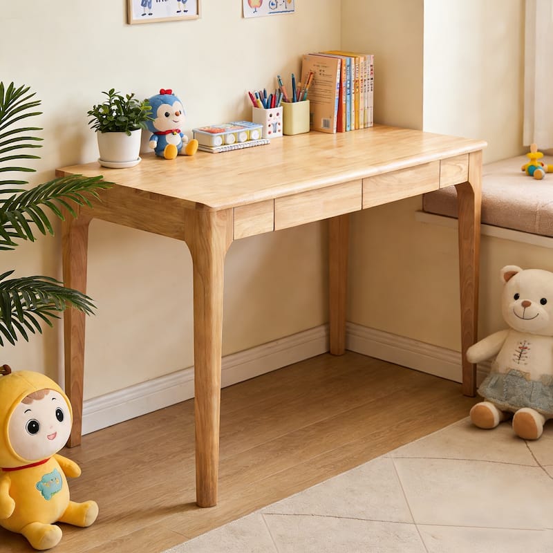 Solid Wood Desk with Drawers, Standing Desk with Smooth Edges, Home Office Desk for Small Spaces, for Bedroom, Living Room