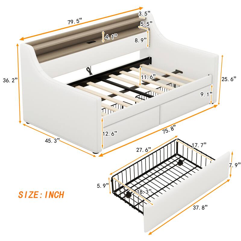 Twin Size Daybed with Storage Drawers, LED Lights, Charging Station, and Upholstered Design