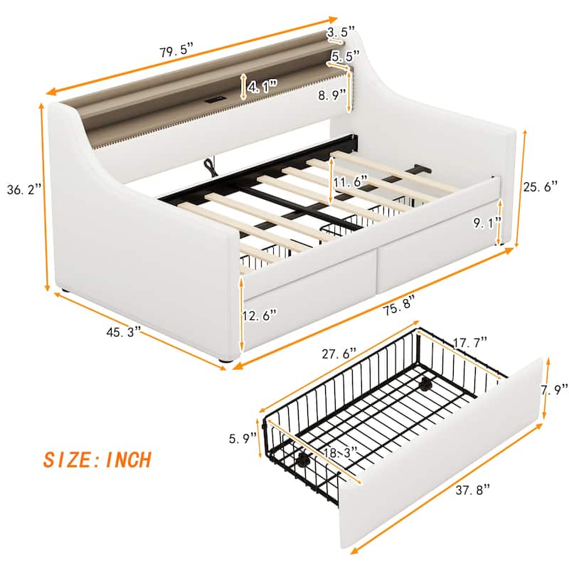 White Twin Size Upholstered Daybed with Storage Drawers,Charging Station and LED Lights