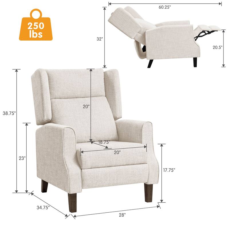 Subrtex Upholstered Classic Manual Wingback Recliner with Spindle Legs