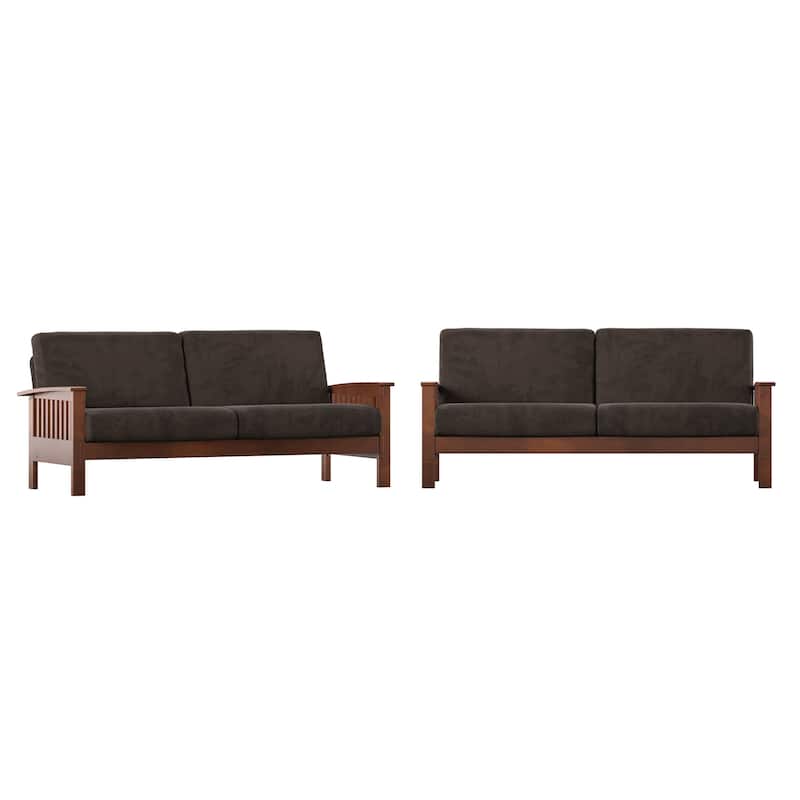 Sigulda Mission-Style Wood Sofa - Dark Brown MIcrofiber