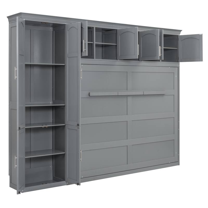 Queen Murphy Wall Bed with Integrated Storage Cabinets, Wardrobe and Drawers, Foldable Design