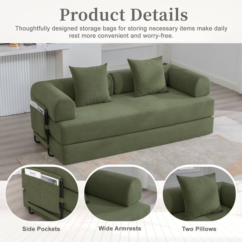 Foldable Modular Couch Sleeper Loveseat Sofa Bed with Storage Side Pocket, Detachable Metal Frame and Corduroy Fabric Cover