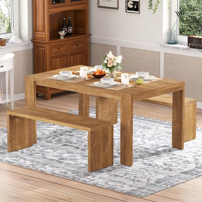 3-piece Farmhouse Style Simple Dining Set, Dining Table and 2 Benches, for Dining Room, Kitchen and Living Room (Natural