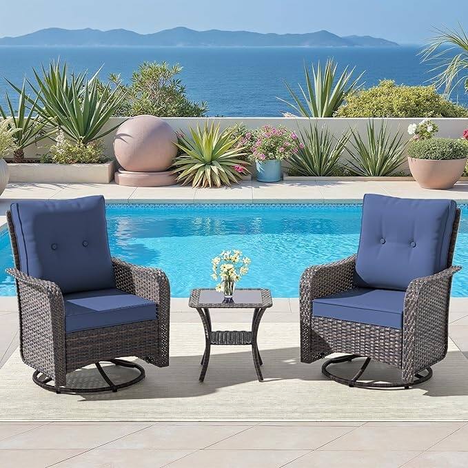 Kullavik 3-Piece Outdoor Swivel Rocking Chair Set With Cushions - Navy Blue