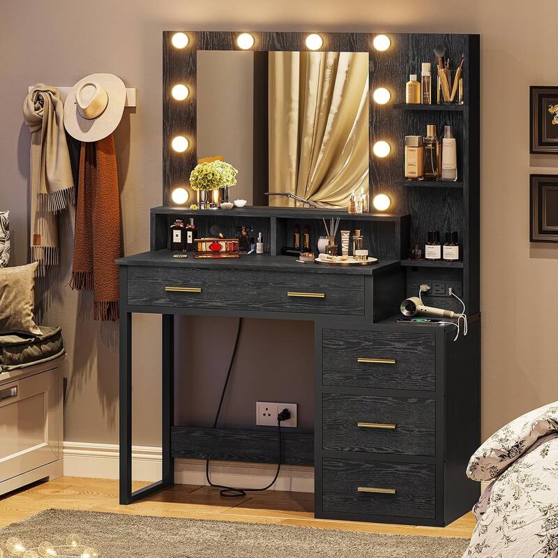 Makeup Vanity Desk 10 Light Bulbs Storage Shelves 5 Drawers - Black
