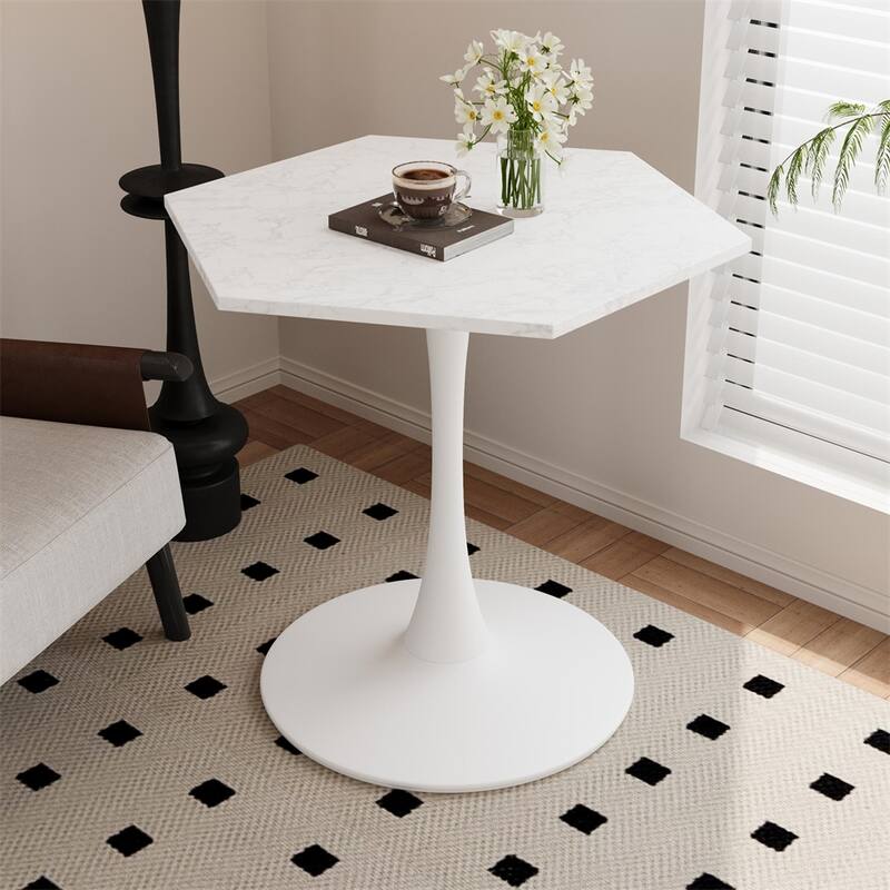 31.50" Hexagonal Coffee Table with Marble Top and Metal Base