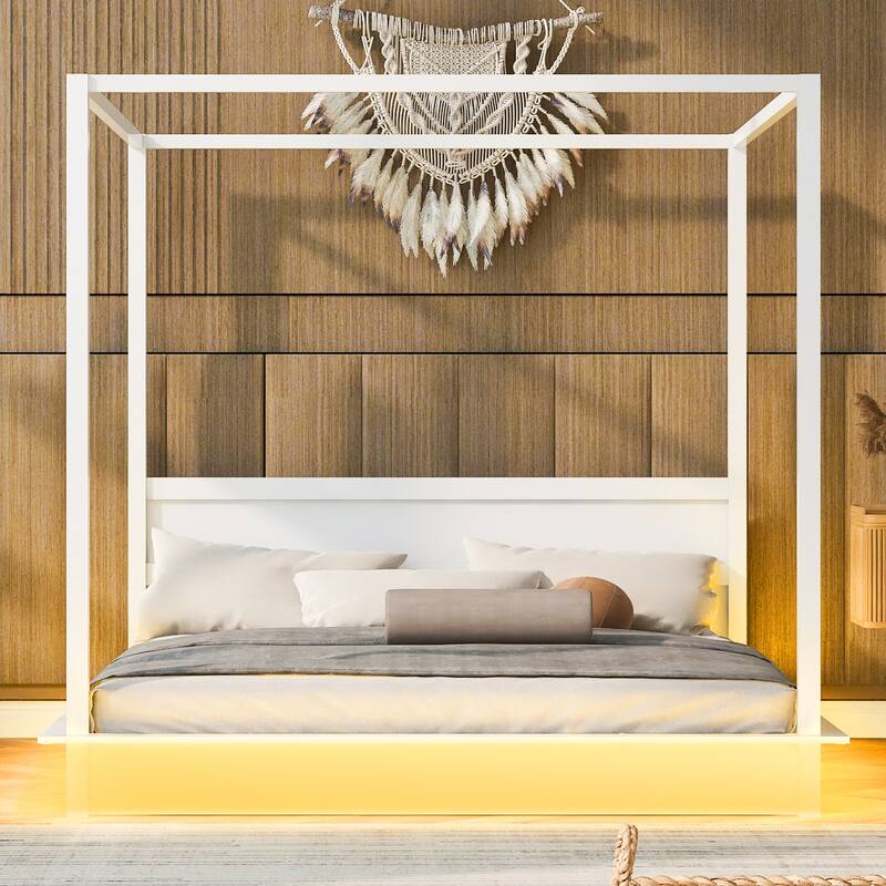 Roomfitters King Size Wooden Canopy Bed with LED Lighting, Modern Platform Bed Frame with Headboard, No Box Spring, White