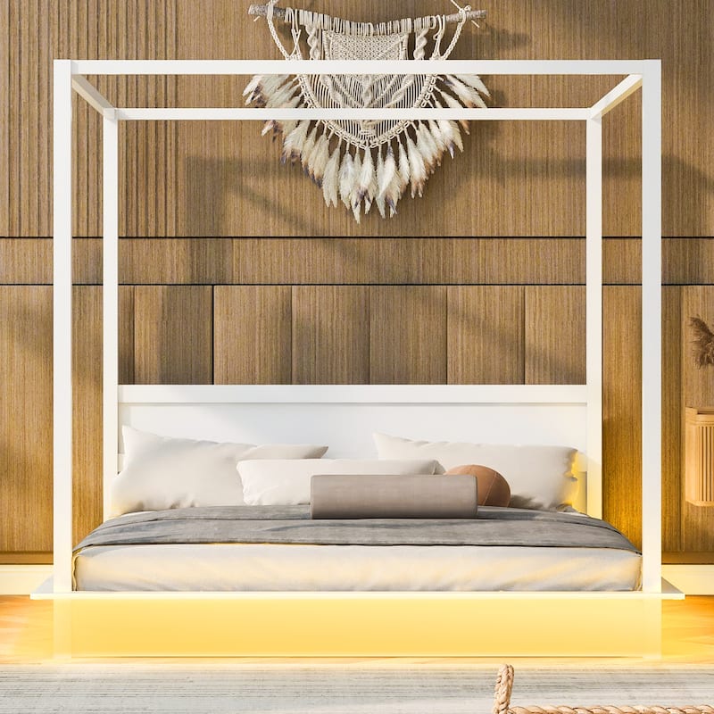 Wooden Canopy Bed with Brushed-effect Finish Master Bedroom Bed White Canopy Bed LED Platform Bed with Top Canopy Rails