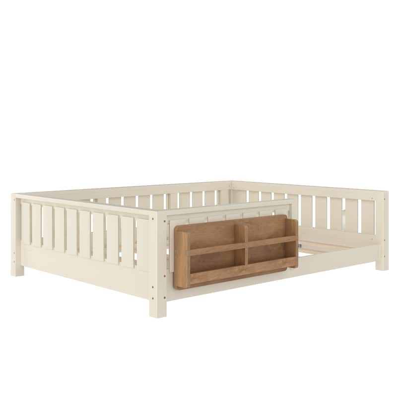 Low Profile Montessori Bed Floor Platform Bed with Fence and Bookshelf