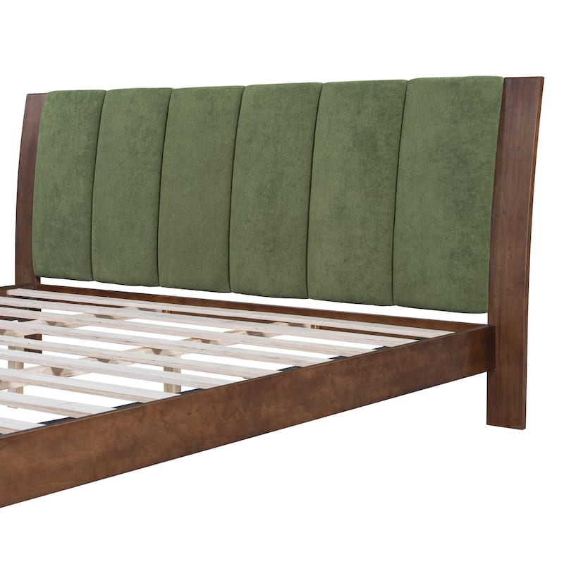 Pine Wood Bed Frame Mid Century Modern Platform Bed with Green Upholstered Headboard, Wood Slat Support Low Profile Wingback Bed