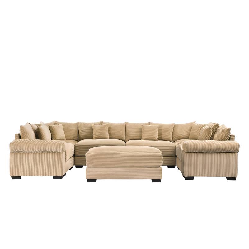 GDFStudio - Corduroy U-Shaped 6-Seater 137.7" Cloud Modular Sectional Couch with Ottoman