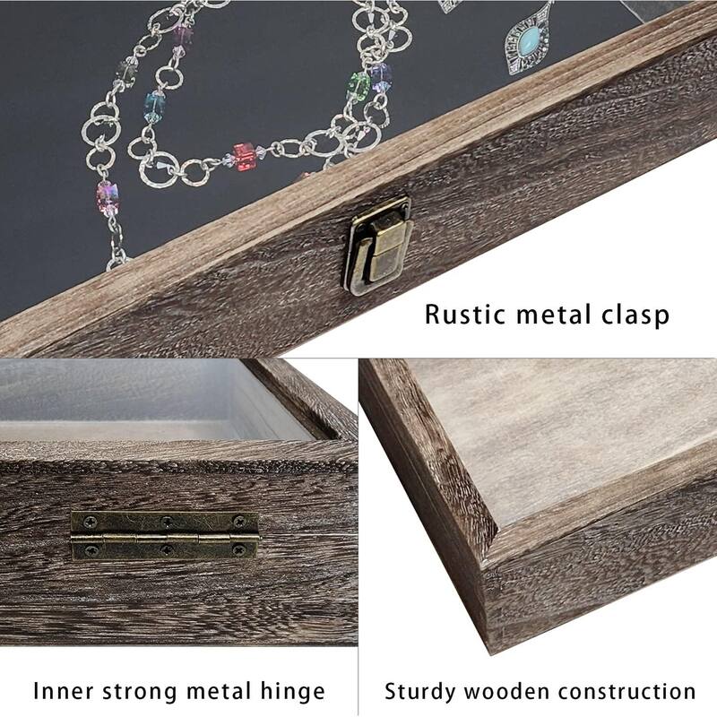 Wooden Jewelry Display Case with Tempered Glass Top & Black Velvet Pad Insert, Wooden Jewelry Tray for Collectibles - S