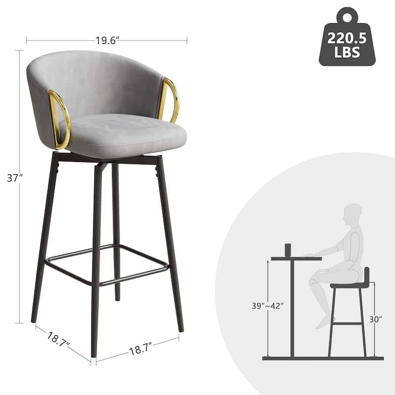 Velvet Bar Chair Set of 2, 360° Swivel Bar Chairs with Metal Legs, Upholstered Counter Height Bar Chairs w/Anti Slip Pads