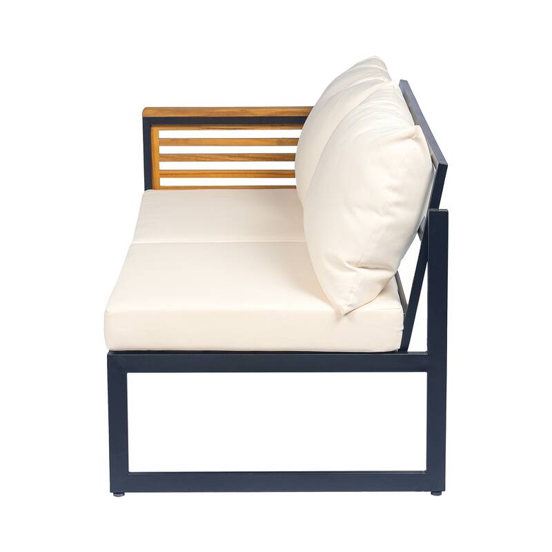 Outdoor Sectional Sofa Set with Ottoman and Coffee Table, L-shape Recliner Couch with Chaise Lounge, Acacia Wood Sofa Set