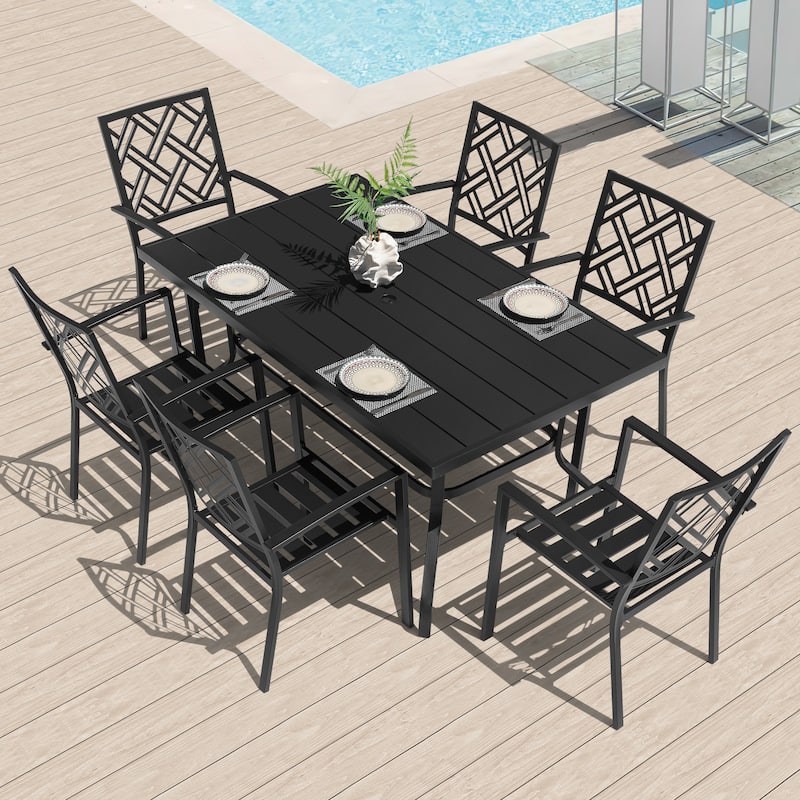 Metal Patio Dining Set with Umbrella Hole and Stackable Chairs - 7PCS