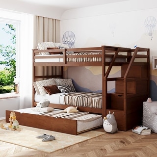 Wood Bunk Bed with Twin Trundle and 3 Storage Stairs, Walnut