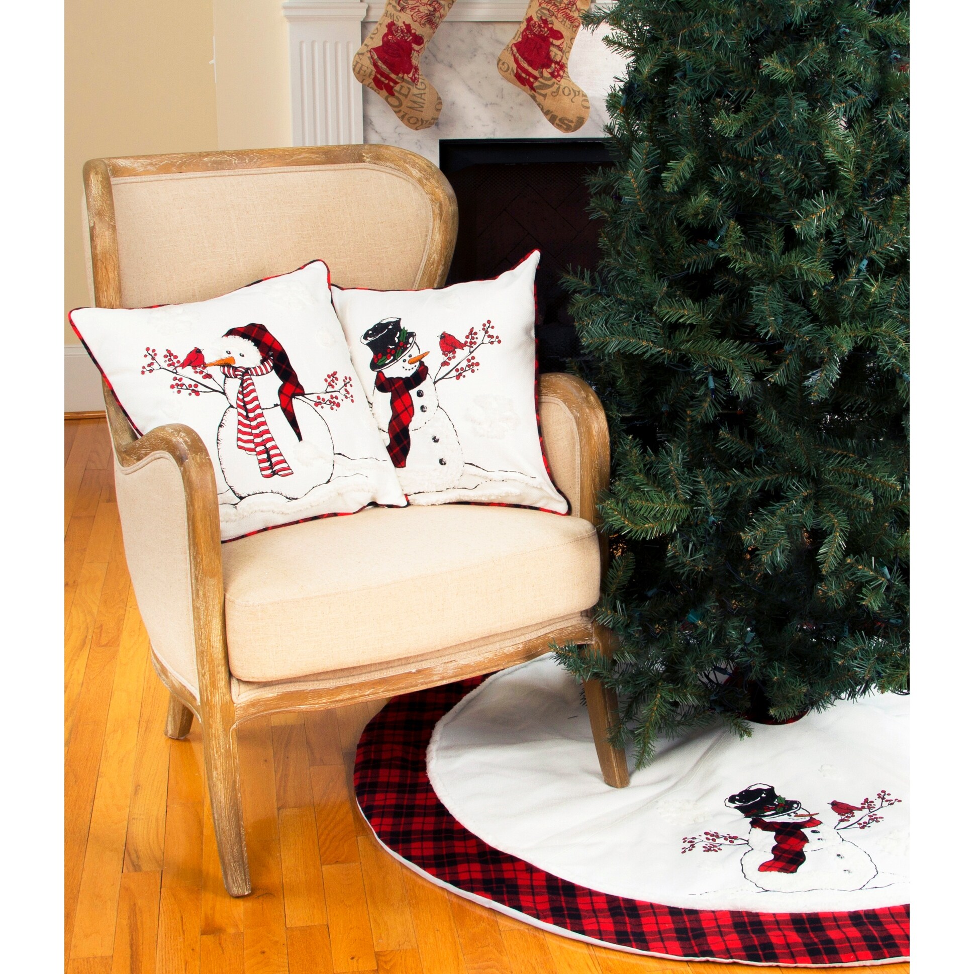 Snowman With Caroler Hat and Softy Tufted Snow Embroidered Christmas Pillow 18 by 18 Inch