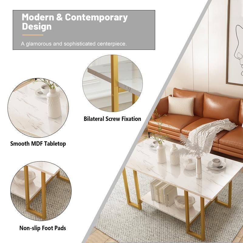 3 Pieces Faux Marble Coffee Table Set with 1 Coffee Table and 2 End Tables, Modern Sofa Side Table with Shelf, Cocktail Table