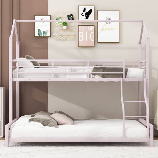 slide 2 of 31, Twin-Full Bunk Bed with House-shaped Roof, Ladder and Guardrails Pink - Full