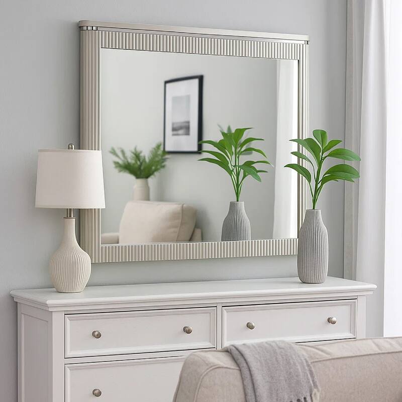 Alda Dresser Mirror, Rectangular Gray Reeded Wood, Silver Trim, 38x40 - Grey