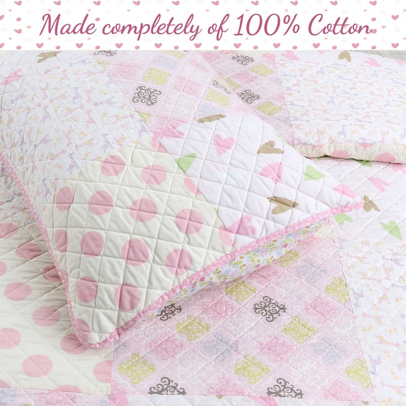 Cozy Line Pink Heart Floral Dot Giraffe Medallion Cotton Patchwork Reversible Quilt Bedding Set