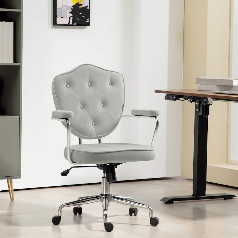 Cute Home Office Chair, Computer Desk Chair with Button Tufted Teddy Bear Fleece, Swivel Vanity Chair