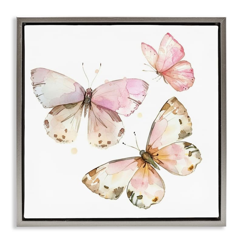 Stupell Soft Watercolor Butterfly Trio Framed Floater Canvas Wall Art Design By LSR Creative Studio - 18 x 18 - Grey