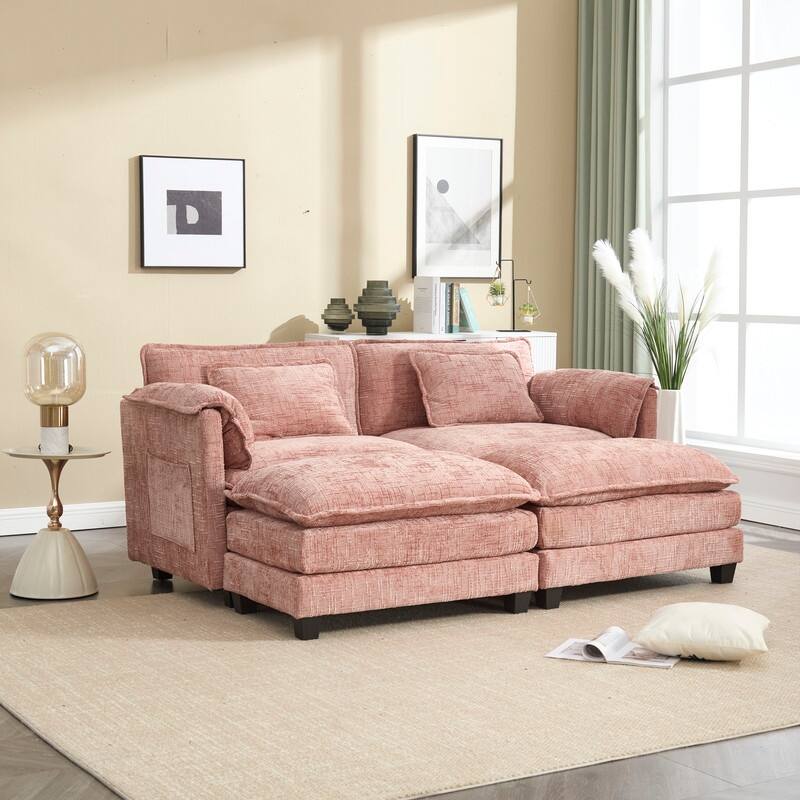 76.77" Chenille Upholstered Sofa with 2 Ottomans