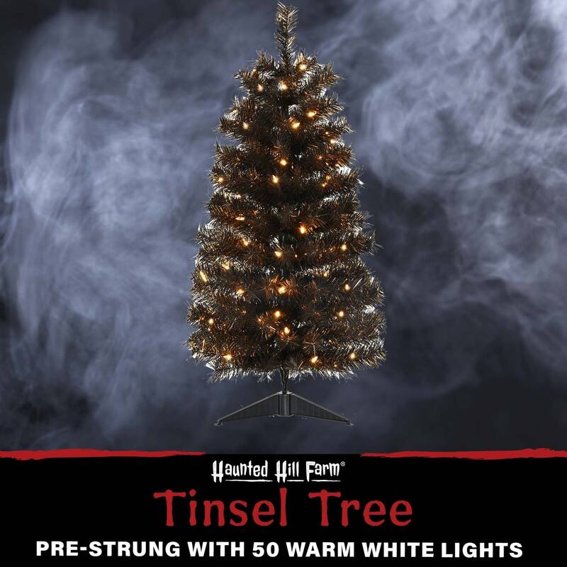 Haunted Hill Farm 3-Ft. Spooky Black Tinsel Tree, Warm White LED Lights