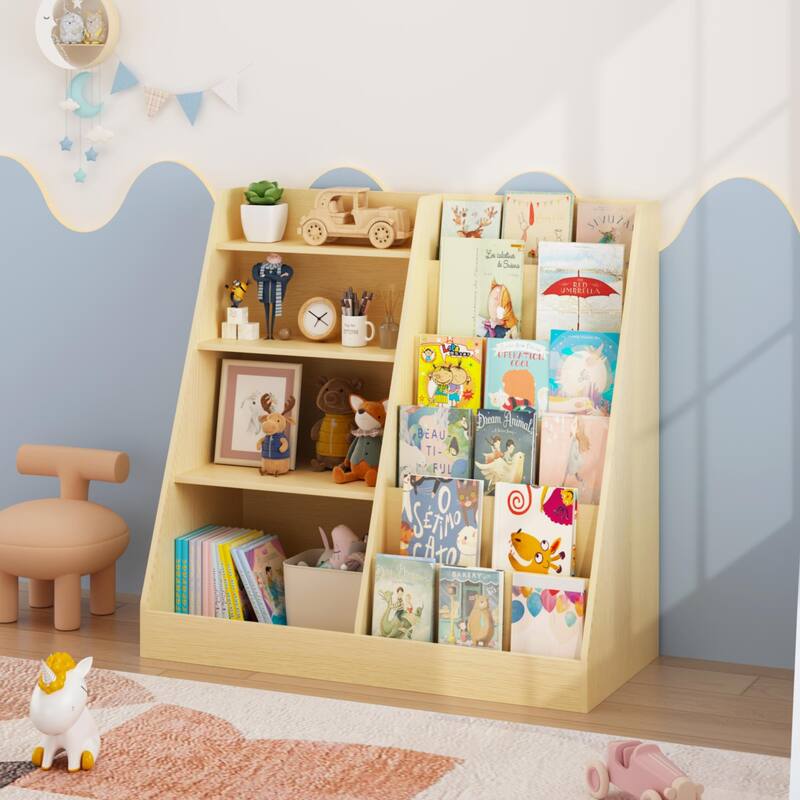 Anmytek Kids Bookcase Large Capacity Trapezoid Bookshelf Eco Friendly Wood Toy Storage Organizer Cabinet