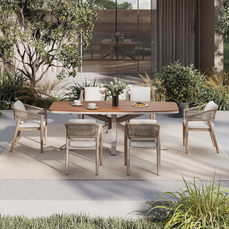 7-Piece Outdoor Dining Set Acacia Wood Rope-Woven Arm Chairs and Dining Table with X-Shaped Legs - Natural &Beige& Linen color