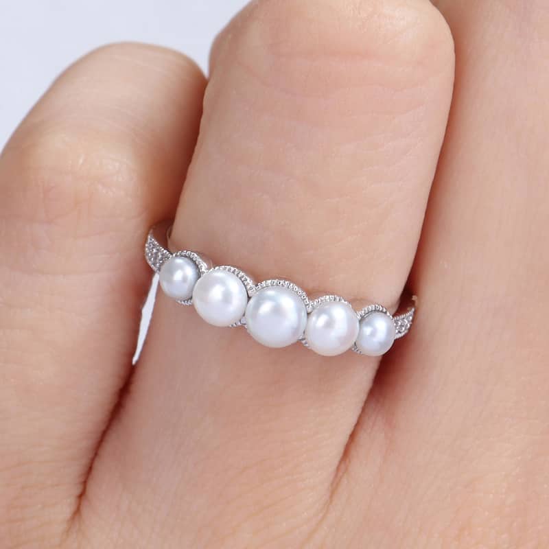 Miadora Cultured Freshwater Pearl and Diamond Accent Halo Five Stone Ring in 14k White Gold