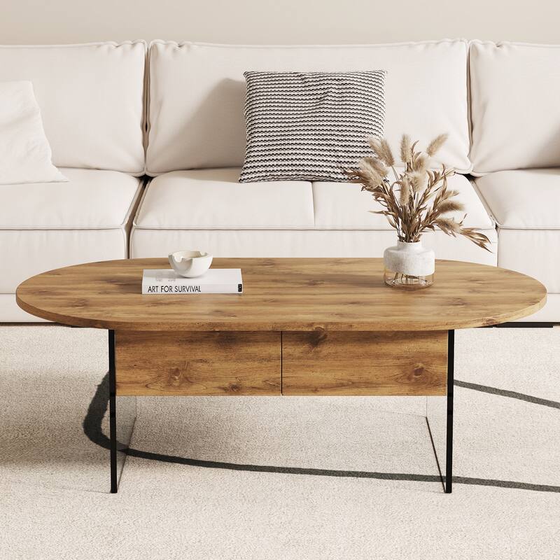 Cozy Oval Double Drawer Coffee Table,Multi-Functional Design,Both Sides Are Transparent Tempered Glass