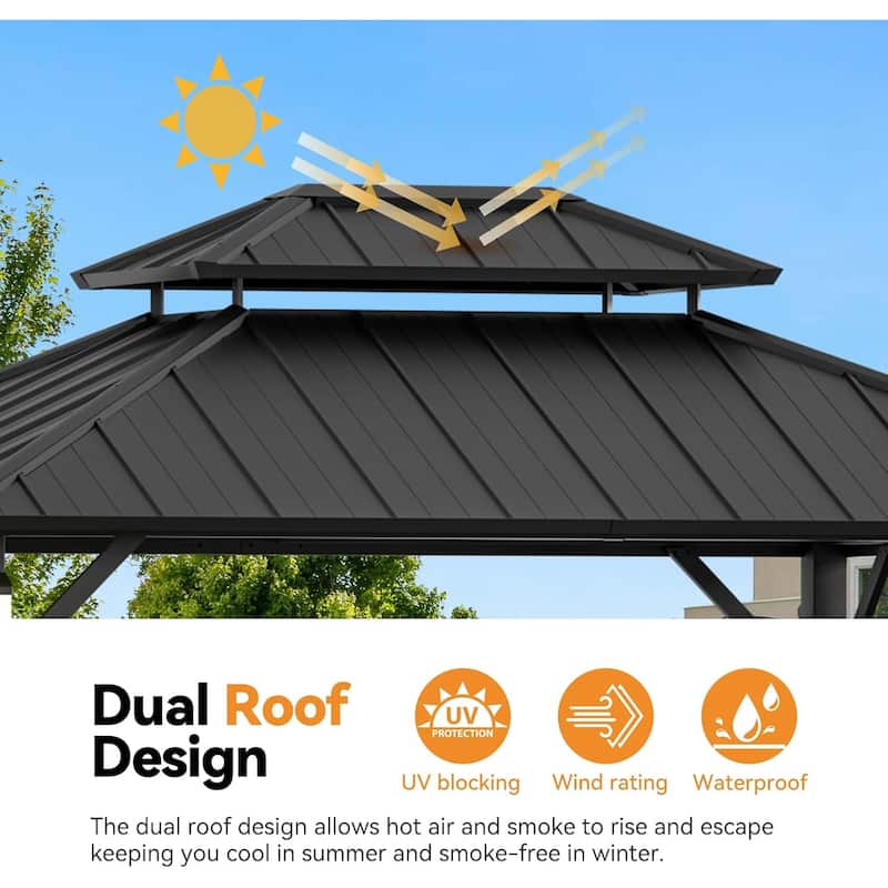 Permanent Hardtop Gazebo 10' x 12' with 4 LED Lights, Grill Gazebo with Galvanized Steel Double Roof, Mosquito Nettings, Black