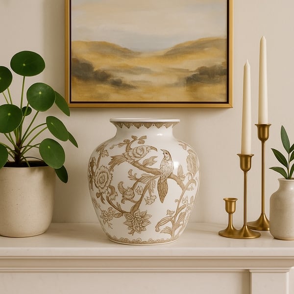 Decorative Ceramic Chinoiserie Flower Vase - White & Brown, 10"