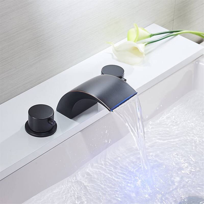 LED Widespread Bathroom Faucet With Drain Assembly 3 Holes Waterfall Bathroom Sink Faucets WIth Light 2 Handle Basin Vanity Tap