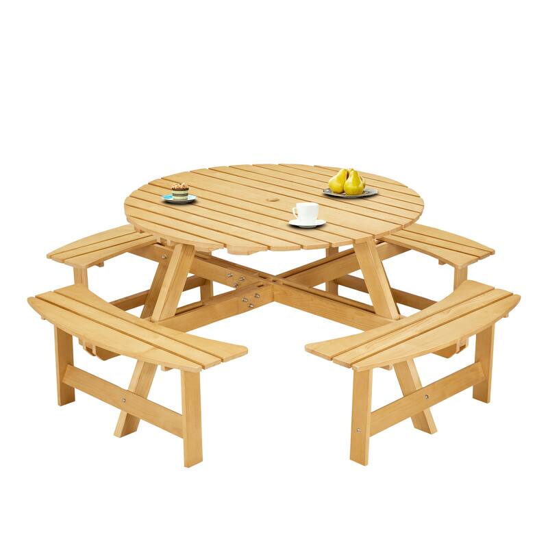 Outdoor 8 Person Picnic Table and Benches Set, Wooden Round Picnic Table with 4 Built In Benches and Umbrella Hole - Natural