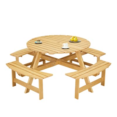 Outdoor 8 Person Picnic Table and Benches Set, Wooden Round Picnic Table with 4 Built In Benches and Umbrella Hole