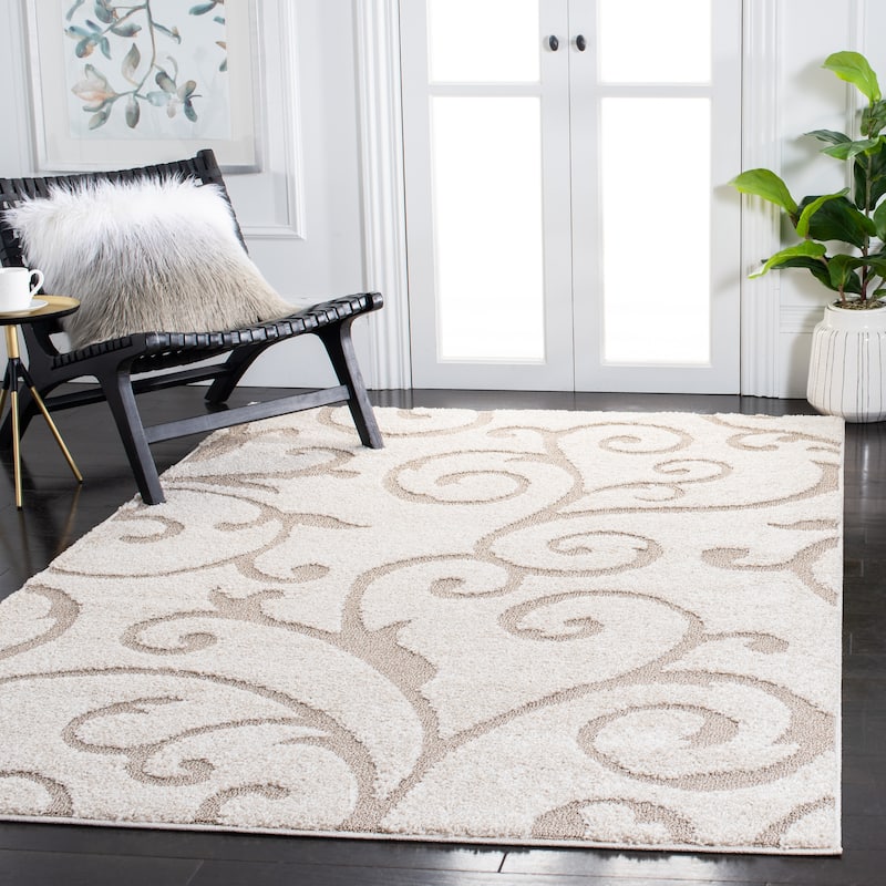 SAFAVIEH Florida Ryung Shag Scroll 1.2-inch Thick Textured Rug - 6'7" Square - Ivory/Beige