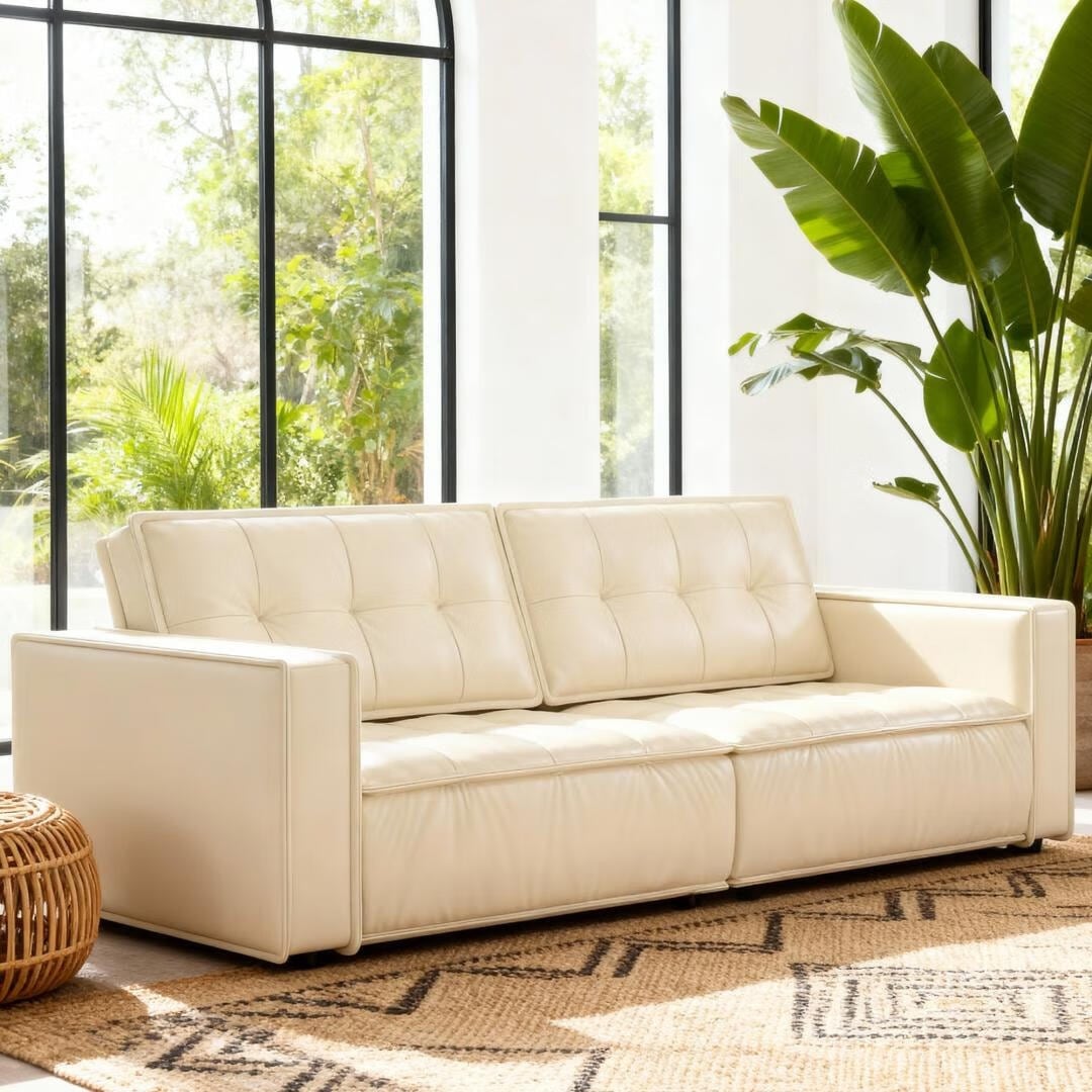 95.2 Inch Modern Leather Sofa With Tufted Cushions And Metal Legs - 95.2"Wx33"Dx31.4"H