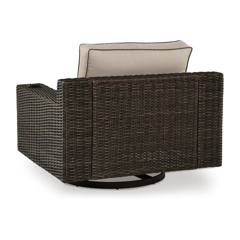 Waga 43 Inch Outdoor Swivel Lounge Chair, Cupholder, Brown Wicker, Beige
