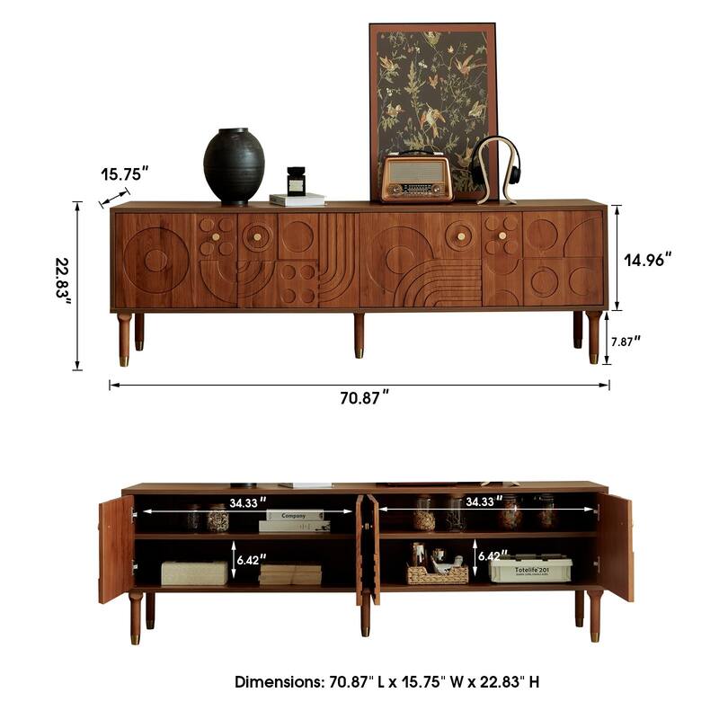 Mid-Century Modern TV Stand-Walnut Entertainment Center with 4 Storage Cabinets, Fits 55+ Inch TVs, Minimalist Design for Living