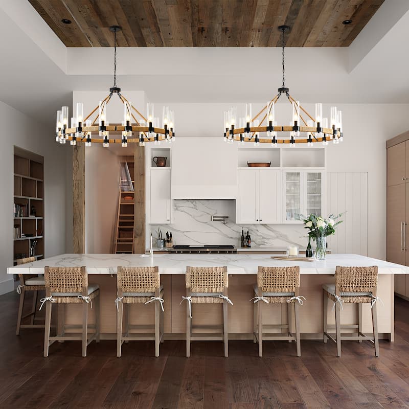 Modern Rustic Wagon Wheel Chandelier with Clear Glass Shades & Hemp Rope Accents