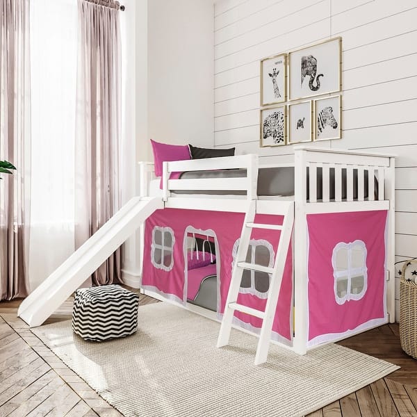 slide 2 of 15, Max and Lily Twin over Twin Low Bunk with Slide and Curtains White with Pink/White Curtain - Twin/Twin